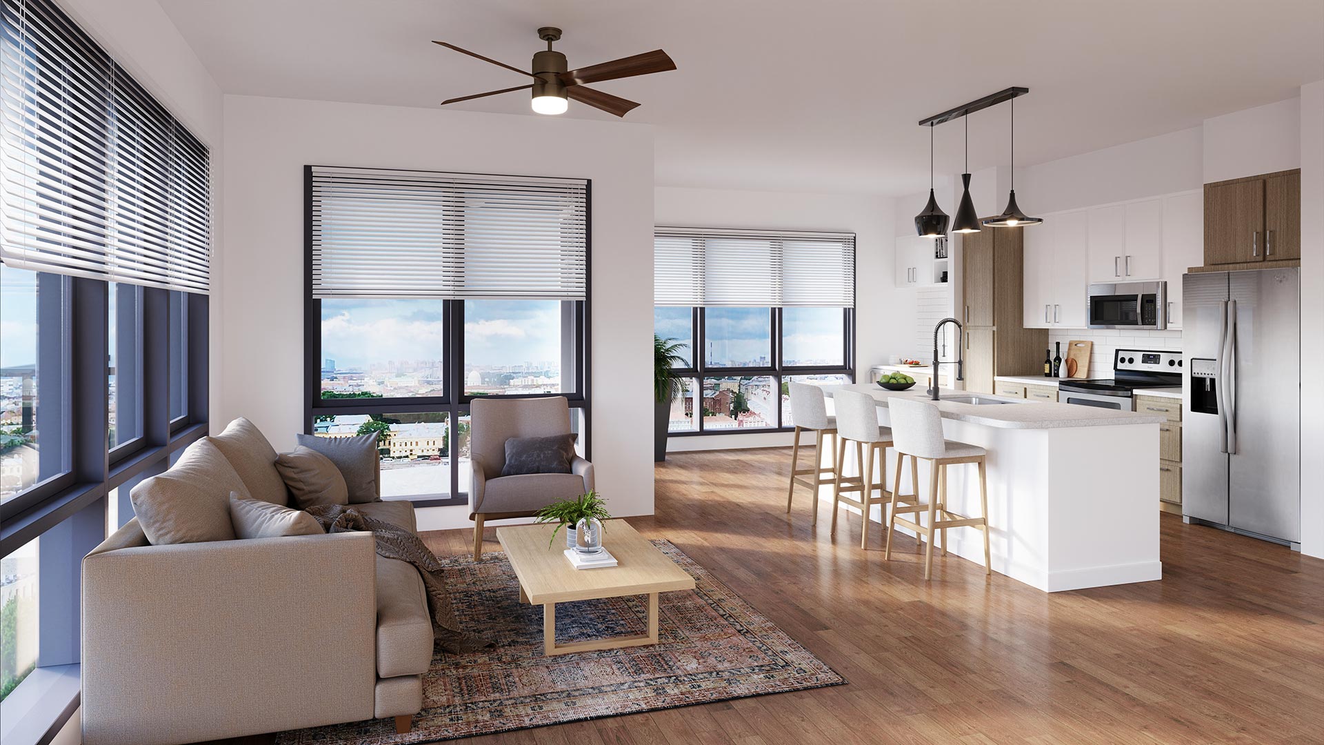 Open and bright living room and kitchen of Rye Charlotte's luxury apartments in Nashville, TN.